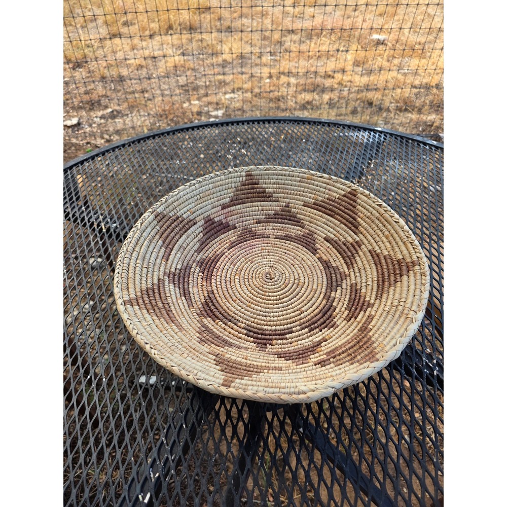 Handwoven Coiled Basket Bowl 15.5" Geometric Starburst Southwestern Decor Tan